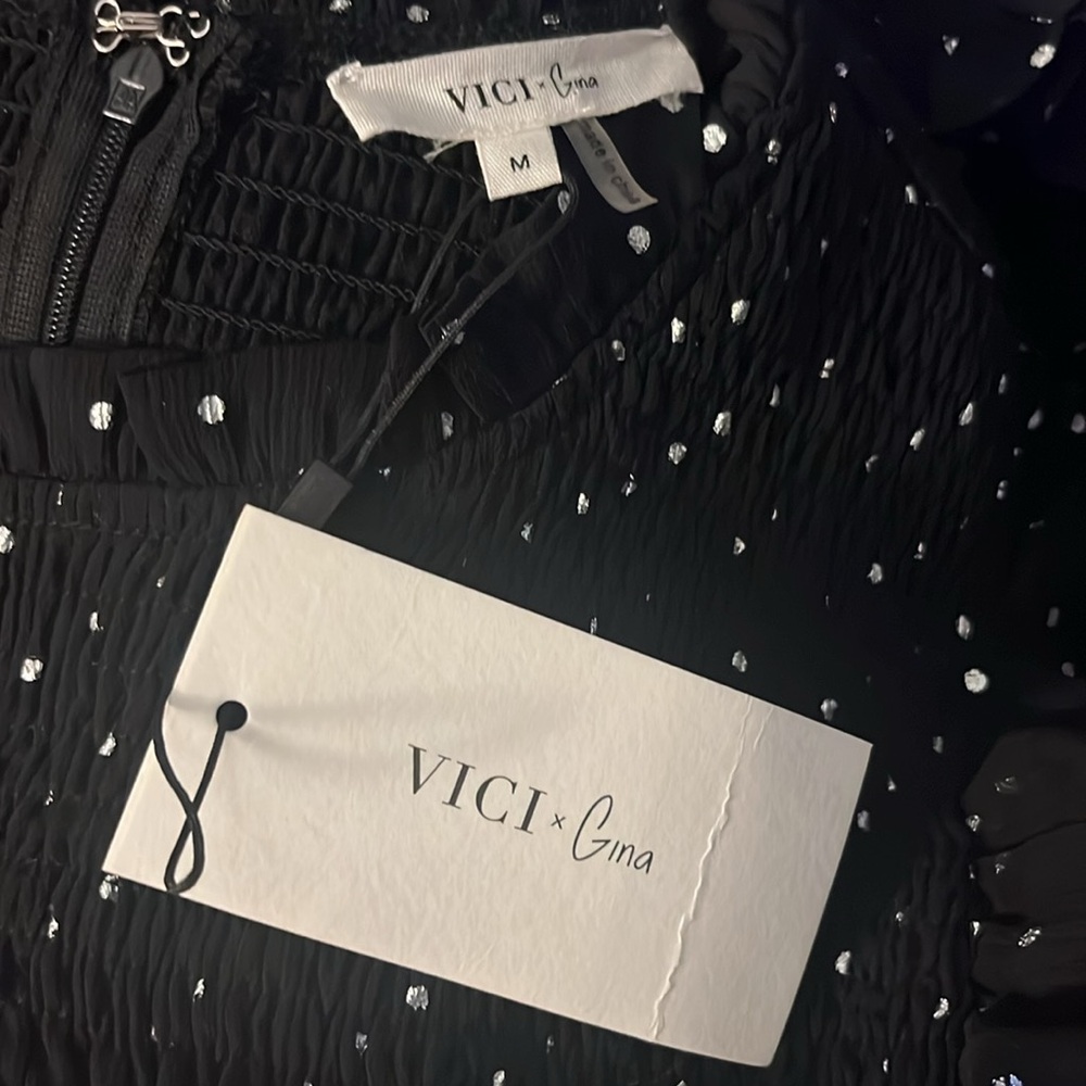 Vici x Gina Black Sheer Polka Dot Chiffon Smocked Ruffle Long Sleeve Mini Dress - Picture 9 of 12